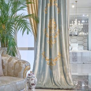 Classic blue curtain with detailed embroidery in gold finishing